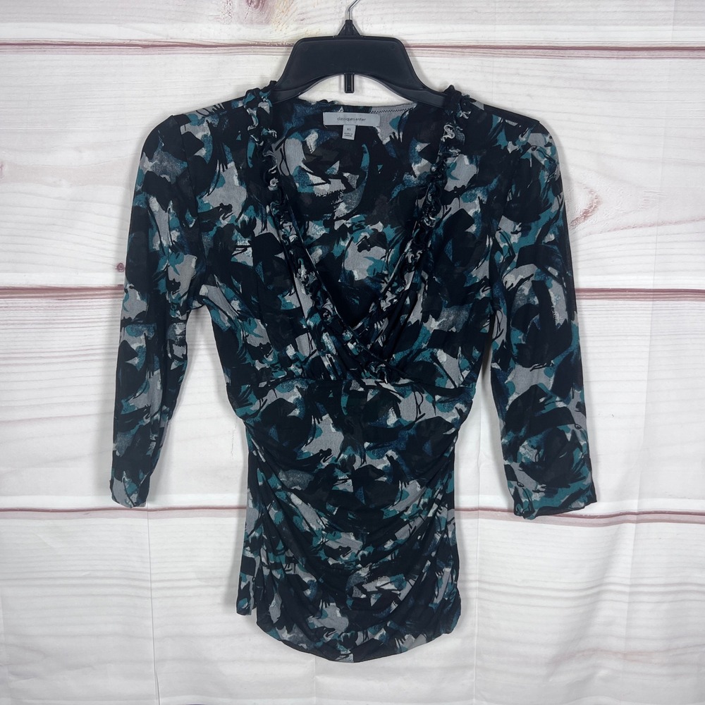 Classiques Entier Top Women XS Blue Floral V-Neck Ruffle Ruched Mesh Silk Blend